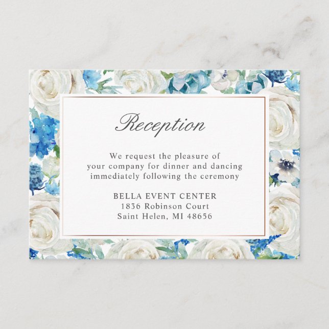 Blaue Blumenstrasse - Details zur Hochzeitsempfehl Begleitkarte (Vorderseite)