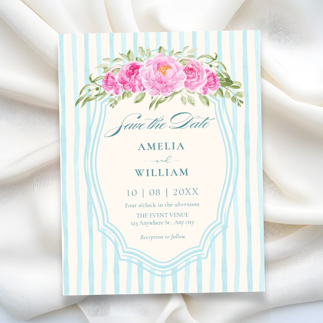 Blaue Blumenstreifen Hochzeit Save The Date (Von Creator hochgeladen)