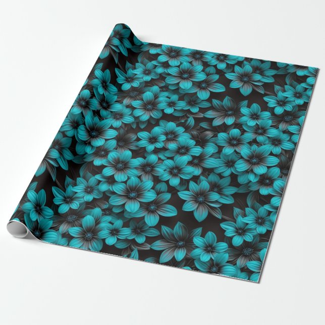 Blaue Blumenverpackung auf Schwarz Geschenkpapier (Ungerollt)