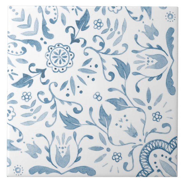 Blaue Blumenwasserfarbe Nahtloses Fliesenmuster Fliese (Vorderseite)