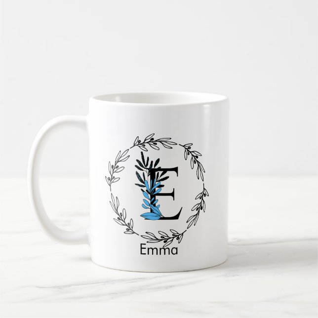 Blaue Blumige Benutzerdefinierte Monogramm - Buchs Kaffeetasse (Links)