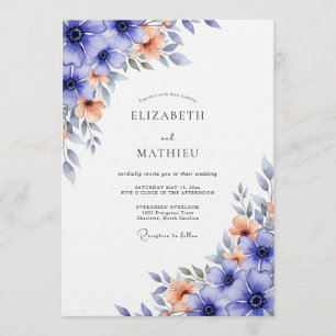 Blaue Blumige Hochzeit Einladung
