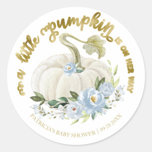 Blaue Blumige Kleine Kürbis Herbst Babyparty Runder Aufkleber