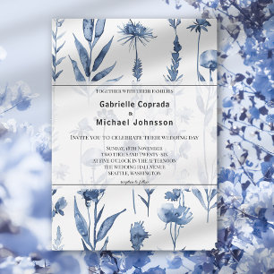 Blaue Blumige Kräuter Vintage Aquarell Hochzeit Einladung