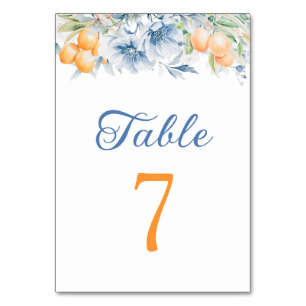 Blaue Blumige und Zitronen Hochzeit Tischnummer