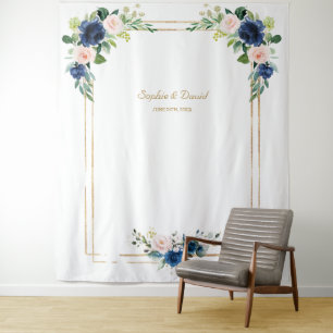 Blaue Blush-Blumen blühen Foto Booth Hochzeit Wandteppich