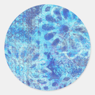 Blaue Blüte mit schwarzem Akzent Monoprindesign Runder Aufkleber
