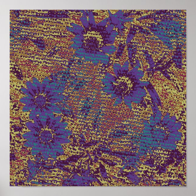 Blaue Blüten gegen das Muster der Blättertarnung Poster (Vorne)