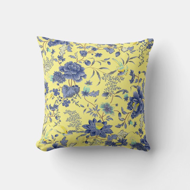 Blaue Blüten Gelbe Vögel Kissen (Vorderseite)