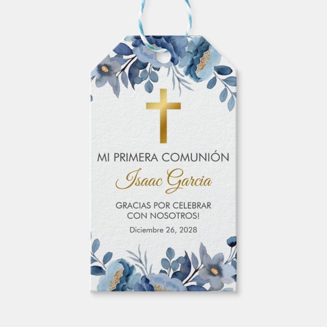 Blaue Blüten in der spanischen ersten Kommune Geschenkanhänger (Vorderseite)