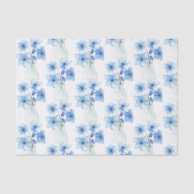 Blaue Blüten in Glasvase Seidenpapier (Vorderseite)