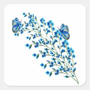 Blaue Blüten mit Schmetterling Quadratischer Aufkleber
