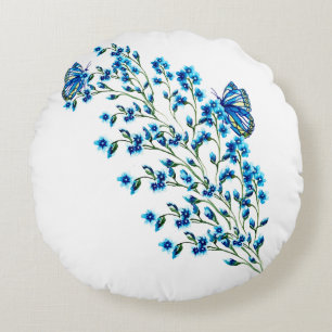 Blaue Blüten mit Schmetterling Rundes Kissen