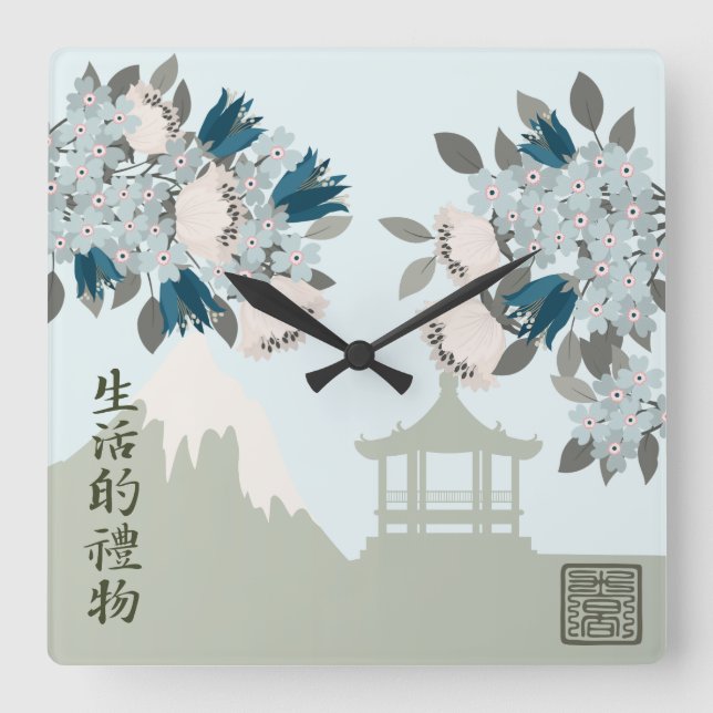 Blaue Blüten Rose Orientale Blumenlandschaft Kunst Quadratische Wanduhr (Vorderseite)