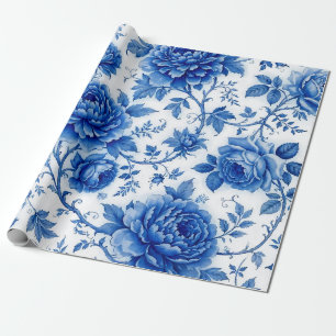 Blaue Blüten Rosen Pfingstrosen Kobaltblau Weiß Geschenkpapier