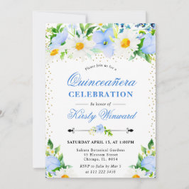 Blaue Blüten und Milchblumen Quinceanera Einladung