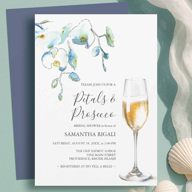 Blaue Blüten und Prosecco-Brautjunggesellinnenabsc (Petals and Prosecco bridal shower invitations designed with hand painted watercolor orchids in blue)
