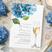 Blaue Blüten und Prosecco-Brautparty-Einladungen