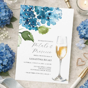 Blaue Blüten und Prosecco-Brautparty-Einladungen