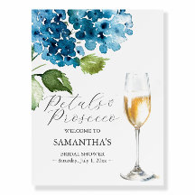 Blaue Blüten und Prosecco Brautparty-Schild