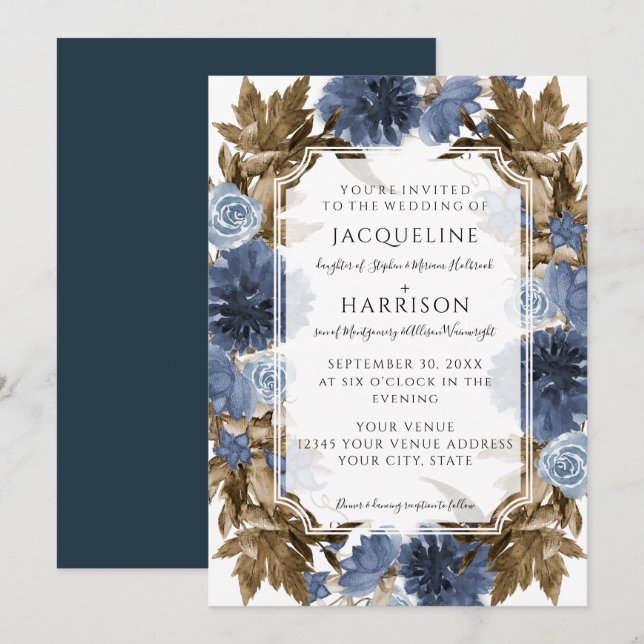 Blaue Blütenblume Elegant Fall Foliage Hochzeit Einladung (Vorne/Hinten)