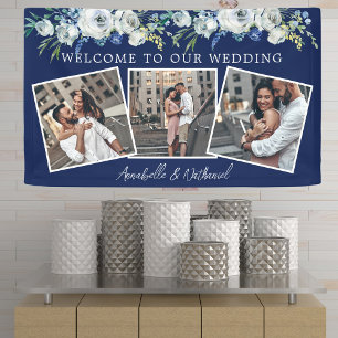 Blaue Blütenblume Elegante Foto Collage Hochzeit Banner