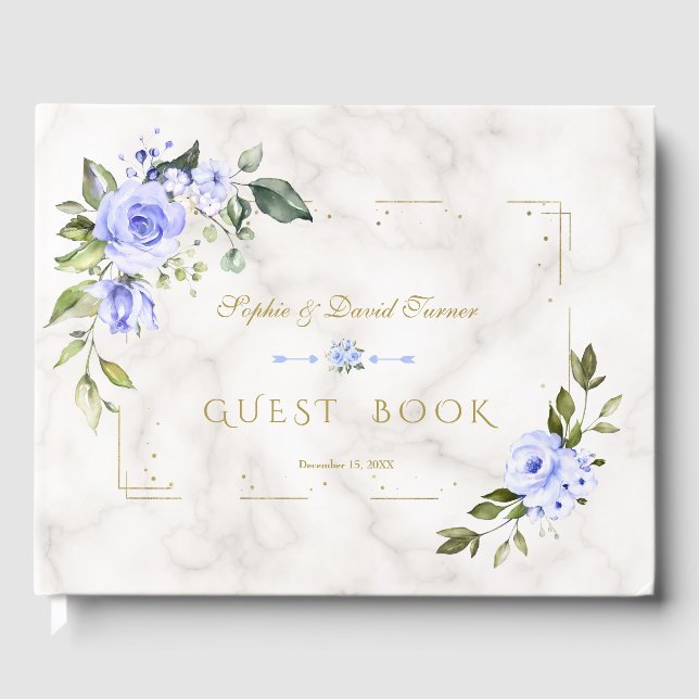 Blaue Blütenblume Glitzer Marmorhochzeit Gästebuch (Vorderseite)