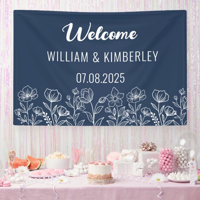 Blaue Blütenblume Rustikale Moderne Hochzeit Banner (Party)