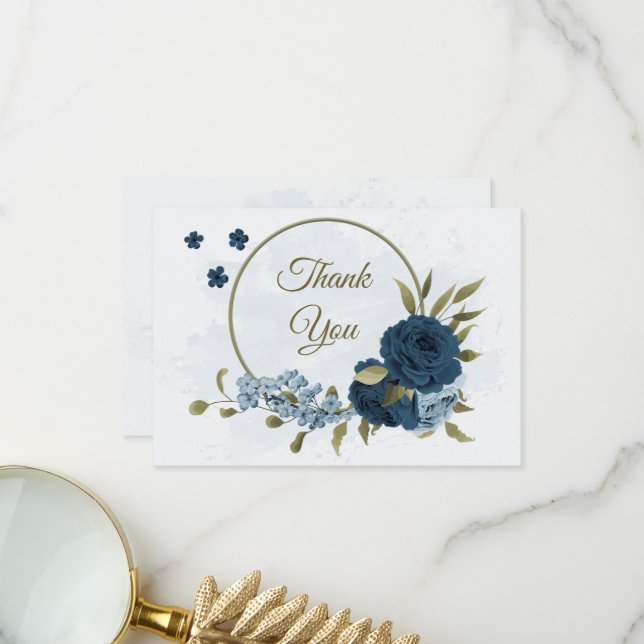 Blaue Blütenblumen botanische Hochzeit Dankeskarte (Vorderseite/Rückseite Beispiel)