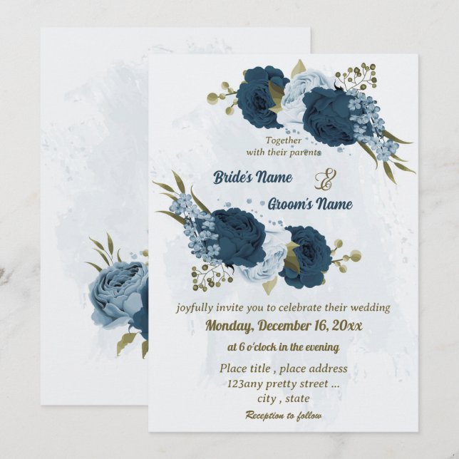 Blaue Blütenblumen botanische Hochzeit Einladung (Vorne/Hinten)