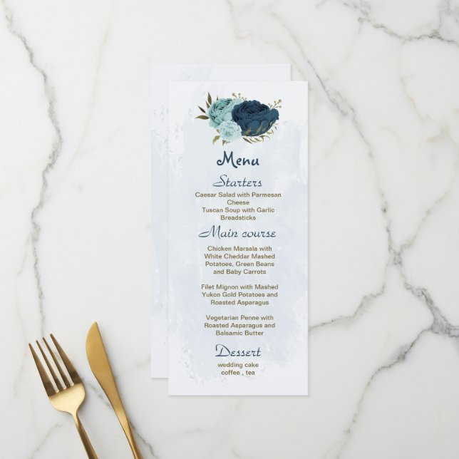 Blaue Blütenblumen botanische Hochzeit Menükarte (Vorderseite/Rückseite Beispiel)
