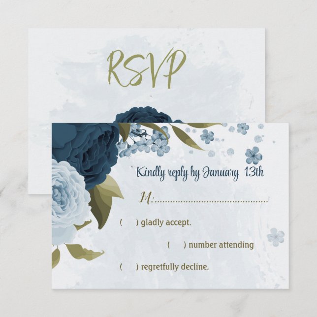 Blaue Blütenblumen botanische Hochzeit RSVP Karte (Vorne/Hinten)
