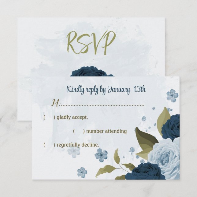 Blaue Blütenblumen botanische Hochzeit RSVP Karte (Vorne/Hinten)