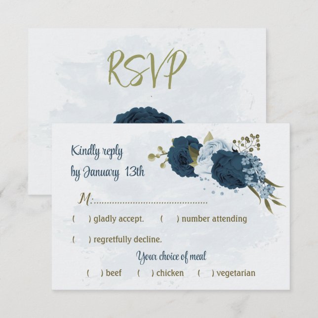 Blaue Blütenblumen botanische Hochzeit RSVP Karte (Vorne/Hinten)