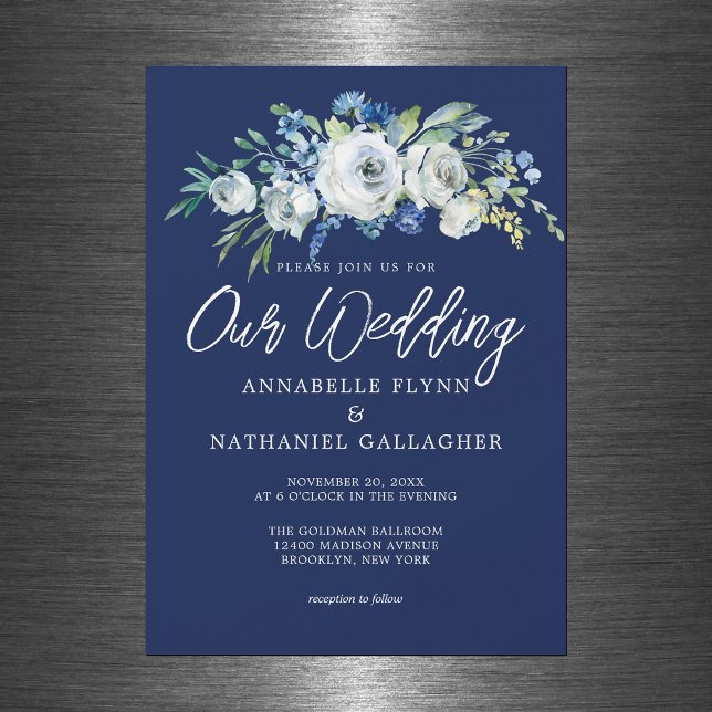 Blaue Blütenblütenblüte Elegant Winterhochzeit Magneteinladung (Von Creator hochgeladen)