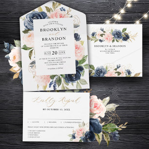 Blaue Blütenblütenblütenblütenblütenhochzeit in Ro All In One Einladung