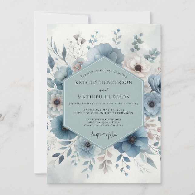 Blaue Blütenhochzeit Einladung (Vorderseite)