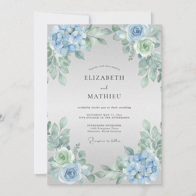 Blaue Blütenhochzeit Einladung (Vorderseite)