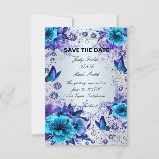 Blaue Blütenkarte und Schmetterlingskarte Save the Save The Date (Vorderseite)