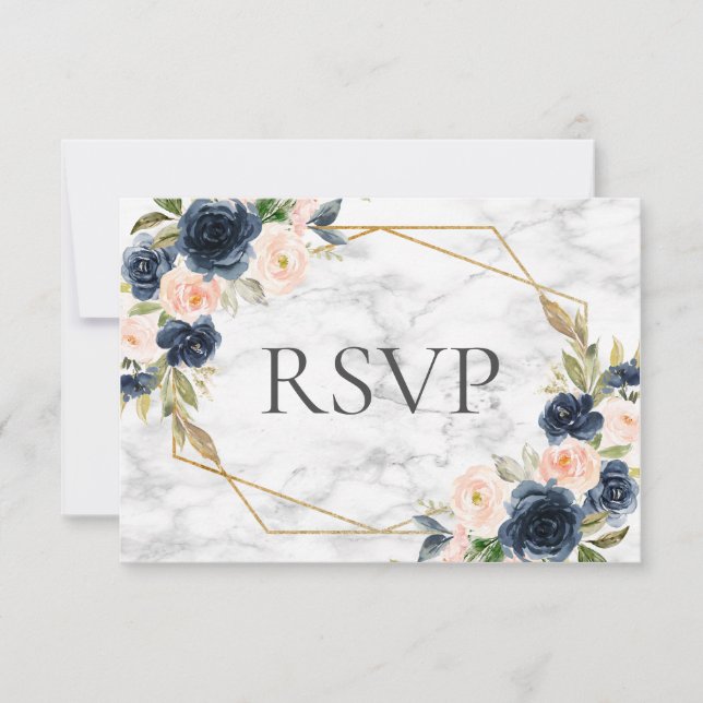 Blaue Blütenmarmorquette Geometrisches Blumenzehen RSVP Karte (Vorderseite)