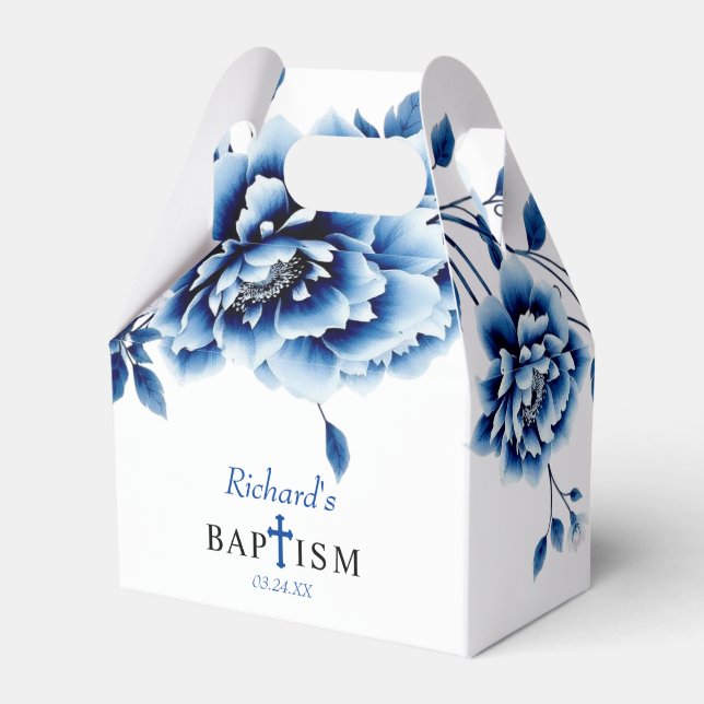 Blaue Blütenpferde Blume Taufe Junge Danke Geschenkschachtel (Vorderseite)
