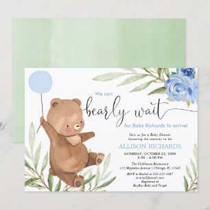 Blaue Blütenpflanze Bärenballon Babydusche Einladung