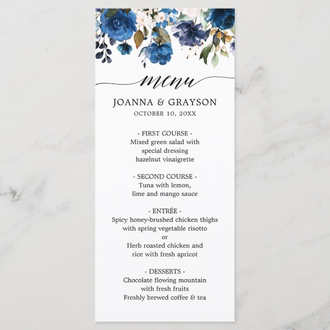 Blaue Blütenrosa Botanische Hochzeit Menükarte (Vorderseite)