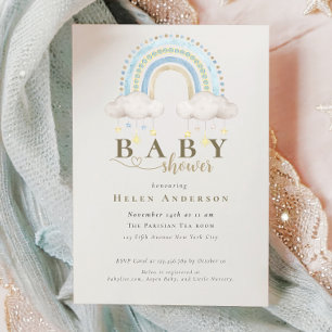 Blaue Boho-Aquarell-Regenbogen-Jungen-Baby-Party-E Einladung