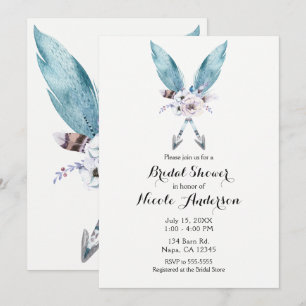 Blaue Boho-Boheme-Pfeile-Feder-Blumen-Party Einladung