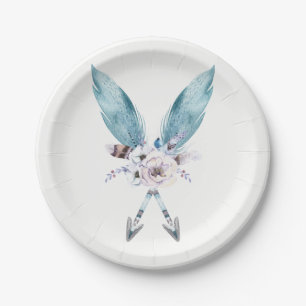 Blaue Boho Bohemische Pfeil-Feder-BlumenParty Pappteller