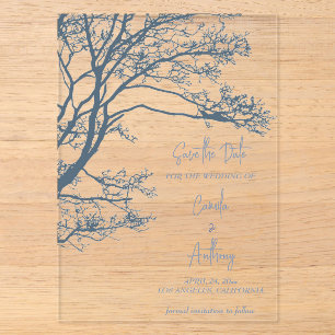 Blaue Boho-Hochzeit mit einzelnem Baum Acryleinladungen