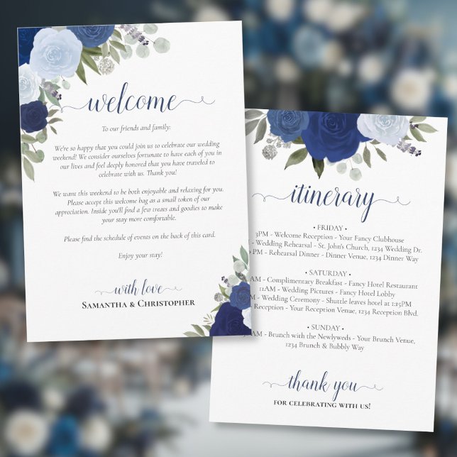 Blaue Boho-Rosen Hochzeitsbegrüßung & Programm (Front/Back)