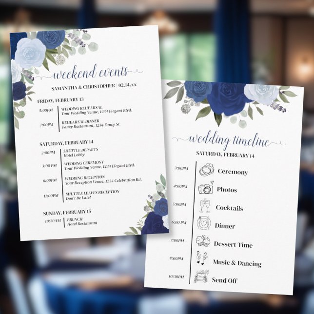Blaue Boho-Rosen Hochzeitsveranstaltungen & Zeitpl Programm (Front/Back)
