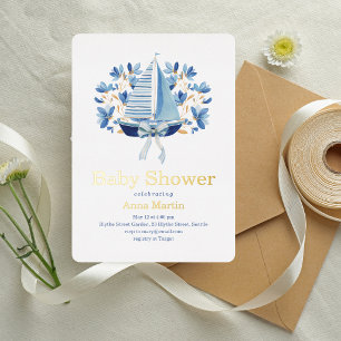 Blaue Boote & Schleifen Baby Shower Folieneinladung